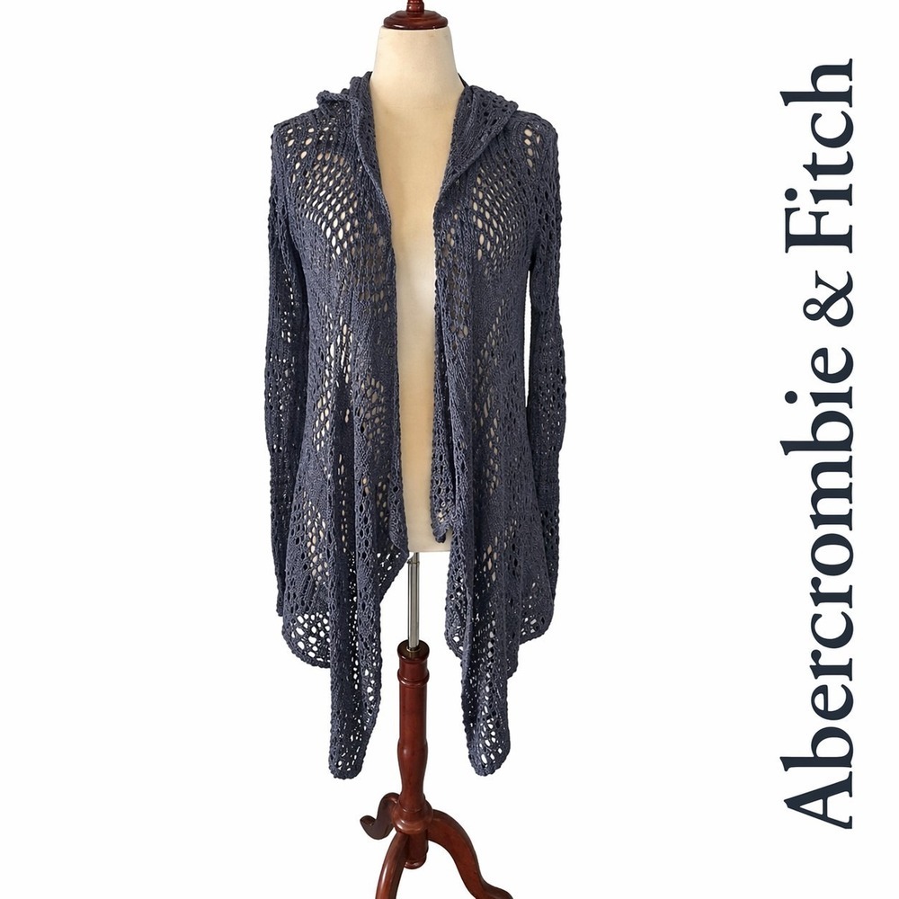 Abercrombie & Fitch Crocheted Blue Gray Hooded Open Front Cardigan Size M/L
